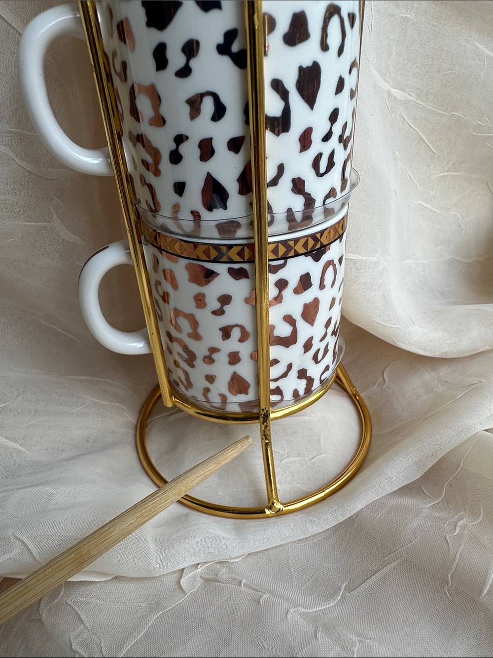 NEW! Grace's Teaware Gold Leopard Print Stackable Espresso Cups Set of 4 w/Stand - Picture 7 of 7